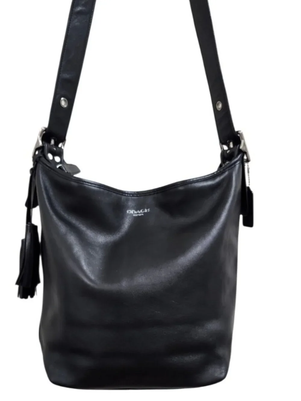 Coach Black Leather Hobo Shoulder Bag Large Tassel Silver Hardware Recolored